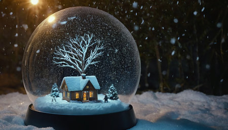 Snow globe with house and tree in the snow. Christmas and New Year concept.の素材