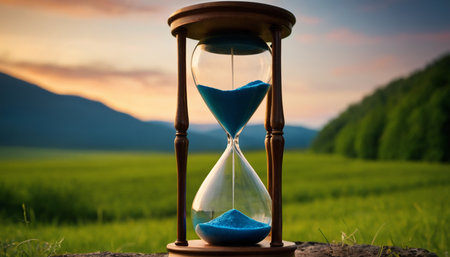 Hourglass on the background of green field and blue sky at sunsetの素材