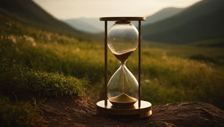 Sandglass on a mountain meadow. Concept of time passing.の素材