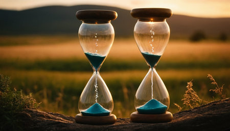 Hourglass on the background of the field and sunset. Concept of time passingの素材
