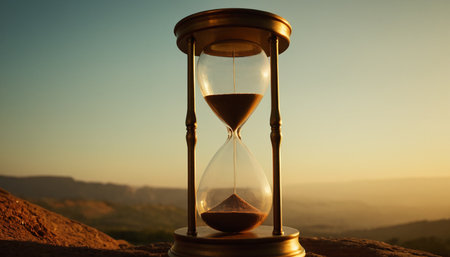 Hourglass on the mountain at sunrise. Time passing concept. Sand clockの素材