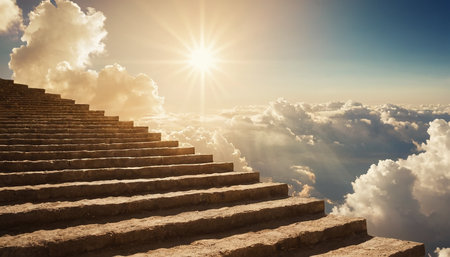 Stairway up to the sky with sun rays and clouds.の素材