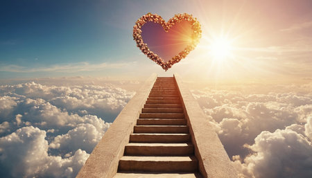 Heart shaped stairway against bright blue sky over clouds with sunbeamsの素材