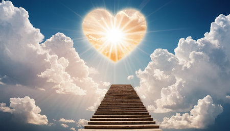 Staircase leading to heart shaped cloud against blue sky with sunの素材