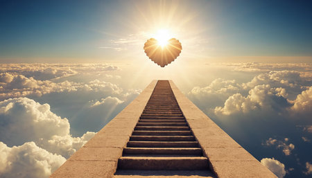 Staircase leading to heart shaped hole against bright blue sky with cloudsの素材