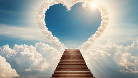 Staircase leading to heart shaped cloud against bright blue sky with cloudsの素材