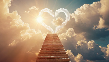 Staircase leading to heart shaped cloud against bright blue sky with cloudsの素材