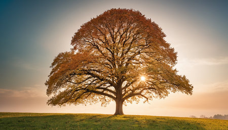 Beautiful old oak tree in a meadow at sunrise in autumnの素材