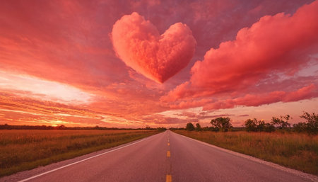 A road in the middle of the field with a heart shaped cloud in the skyの素材