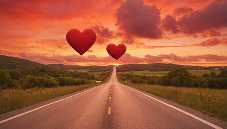 Two red hearts on the road at sunset. Concept of love and romance.の素材