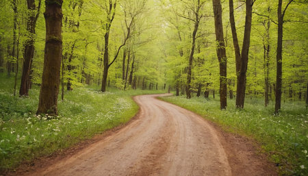 Dirt road in the green forest, spring time, vintage styleの素材
