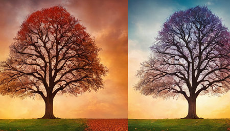 Two seasons of the year - winter, spring and autumn. Beautiful landscape.の素材
