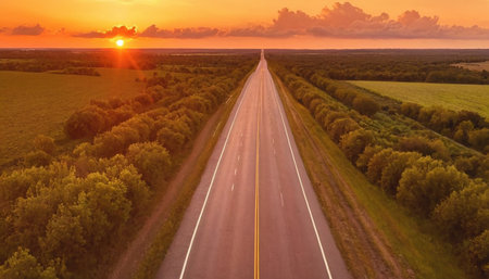 Aerial view of the road through the field and forest at sunset.の素材