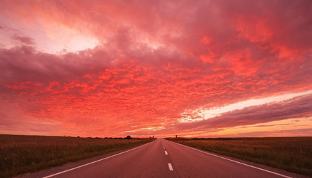 Sunset on the road in the countryside. Beautiful sky with clouds.の素材