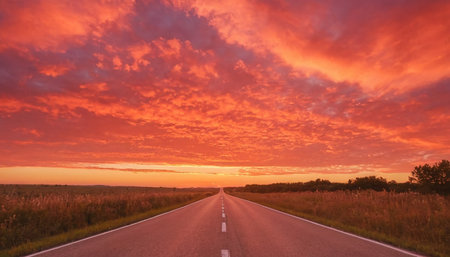 Asphalt road through the fields at sunset. Beautiful sky with clouds.の素材