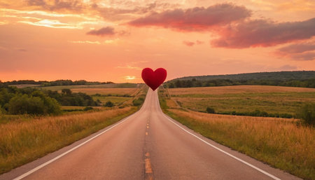 Valentine's day concept. Heart shaped balloon on the roadの素材