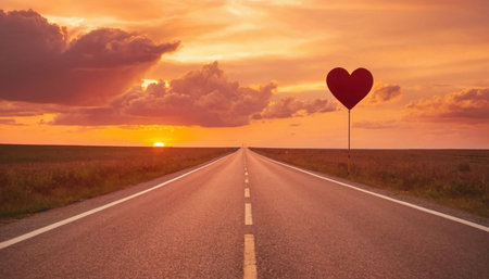 Road in the field with heart shape balloon on sunset sky background.の素材