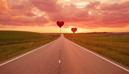 Road in the field with heart shaped balloons at sunset. Valentines day conceptの素材