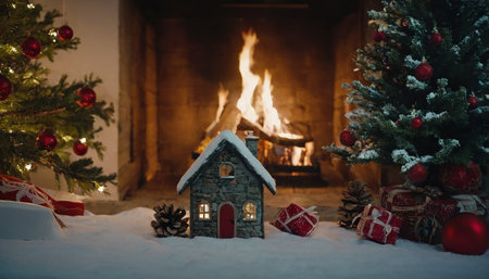 Christmas and New Year holidays background. Christmas tree, fireplace and toy house in the snow.の素材
