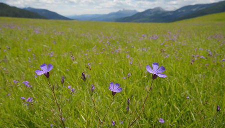 Flowering meadow with blue flowers in the mountains in summerの素材