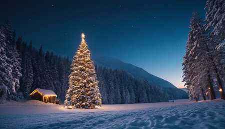 Christmas tree in the mountains at night. Carpathians, Ukraineの素材
