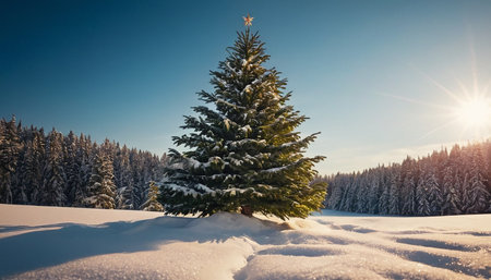 Fir tree in winter forest. Winter landscape. Christmas background.の素材