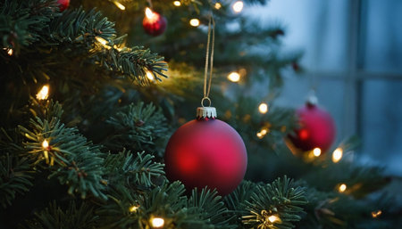 Christmas tree with red baubles and garland lights on blurred backgroundの素材