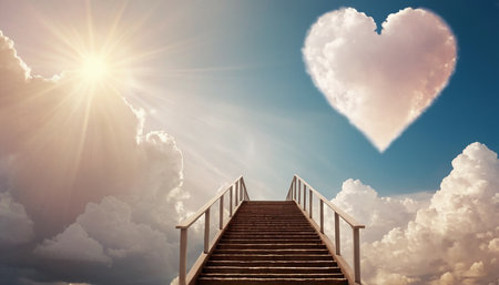 Staircase leading to heart shaped cloud against blue sky with sunの素材