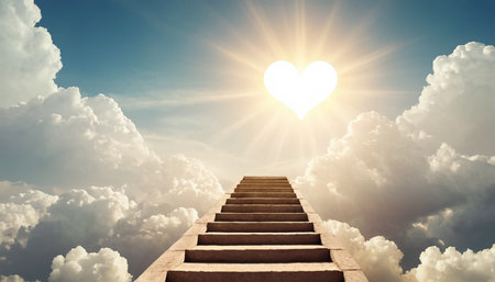 Conceptual image of stairway leading to heart shaped cloud against skyの素材