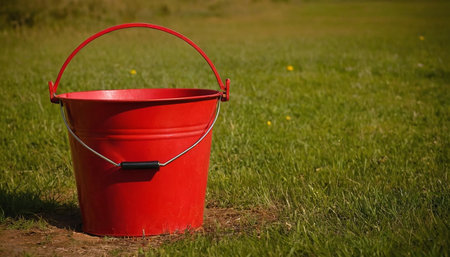 Red bucket on the grass in the park. Gardening concept.の素材