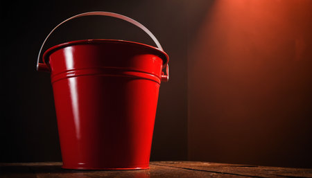 Red bucket on a wooden table in a dark room with a spotlight.の素材