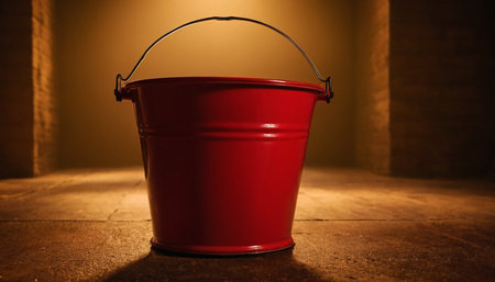 Red bucket in a dark room. 3D render. Selective focus.の素材
