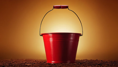 Red bucket on a brown background. Gardening and farming concept.の素材