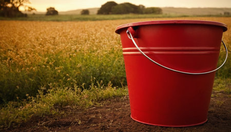 Red bucket in the field with sun light and blue sky background.の素材