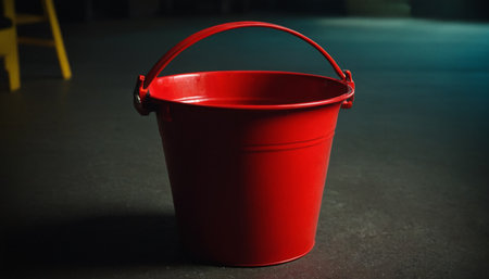 Red bucket on the floor in the garage. Selective focus.の素材
