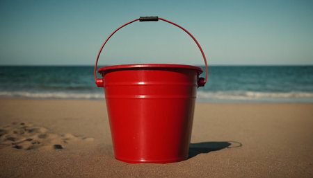 Red bucket on the beach with blue sky and sea in the backgroundの素材