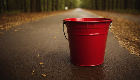 Red bucket on the road in the autumn forest. Cleaning concept.の素材