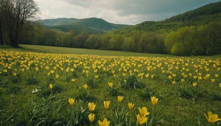 Spring field with yellow tulips in the Carpathian mountains.の素材