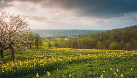 Spring landscape with daffodils and blooming meadow.の素材