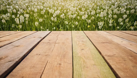 Wooden floor and white flowers in the meadow. Nature backgroundの素材