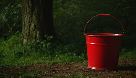 Red bucket in the forest on a background of green grass and treesの素材
