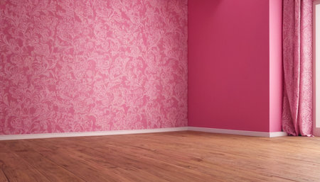Empty room with pink wall and wooden floor. 3d render.の素材