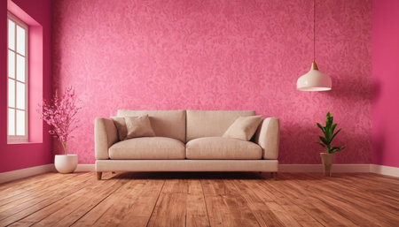interior with pink wall and wooden floor, 3d render illustrationの素材