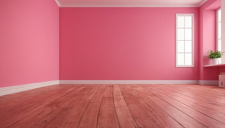 Empty room with pink wall and wooden floor. 3D rendering.の素材