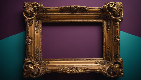 Vintage golden frame on purple and green background. Copy space.の素材