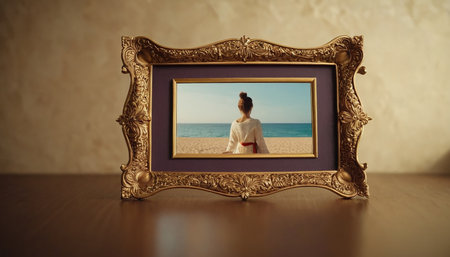 Vintage photo frame with a picture of a girl on the beachの素材
