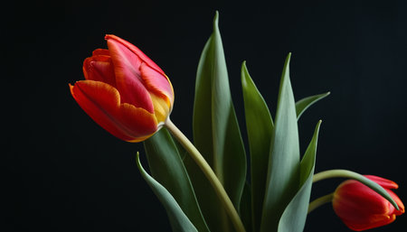 Bouquet of red and yellow tulips on a black backgroundの素材