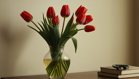 Tulips in a vase on a table in a roomの素材