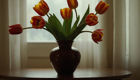 Bouquet of tulips in a vase on the tableの素材