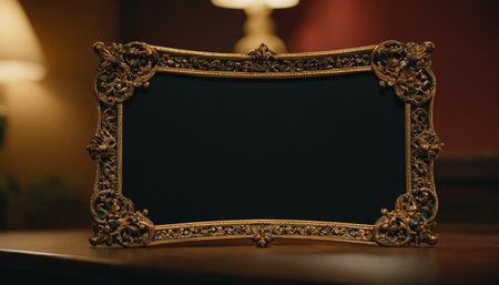 Decorative black frame on the table in a room with a lampの素材